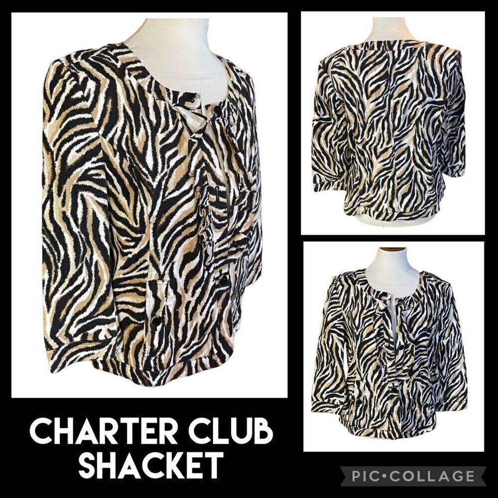 Charter Club Zebra Print Women’s Shacket-Style Jacket/Blazer Top/Gold Button Acc